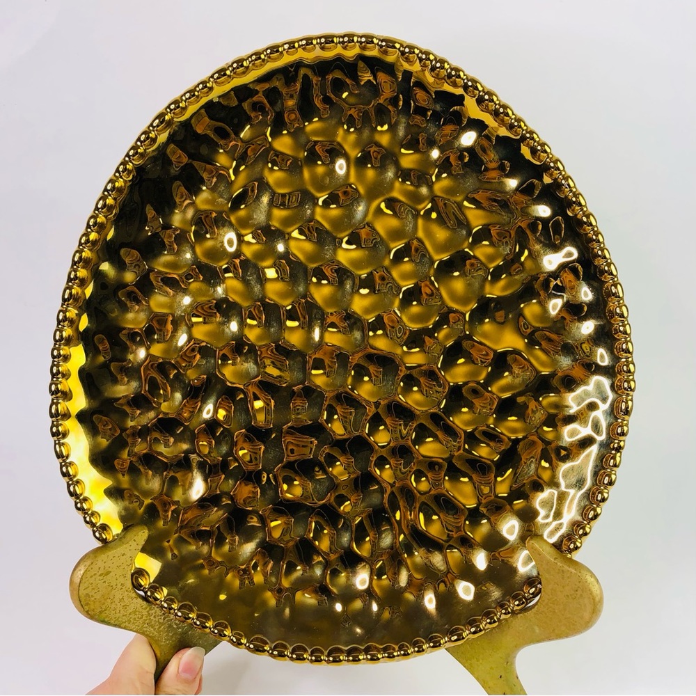 Gold Porcelain Decorative Plate Egg Shape Bubble Trim Edge Centerpiece Home PRC
